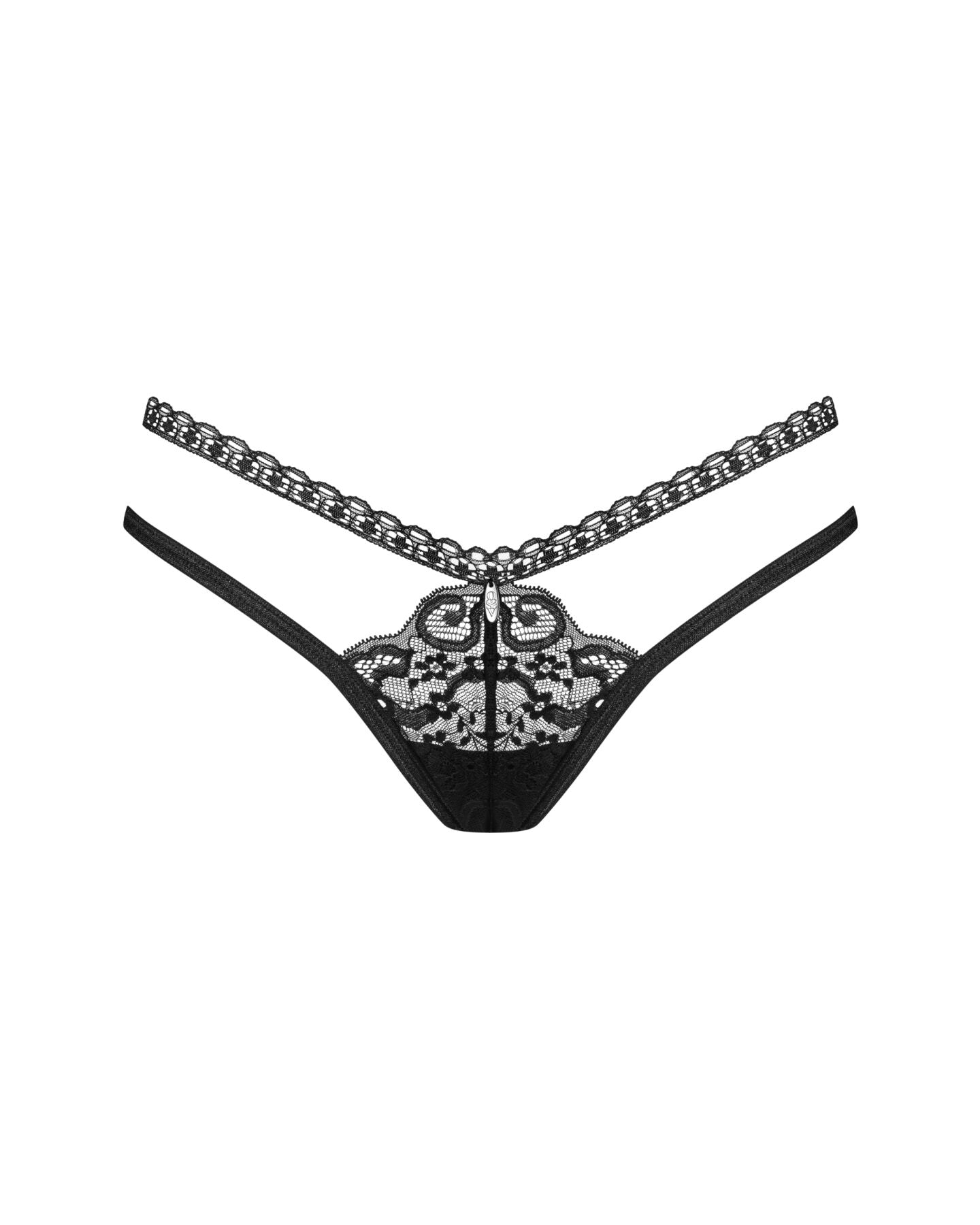Трусики-стрінги Obsessive Blomentis thong, XS/S, чорні, мереживні, боковинки — подвійні смужки