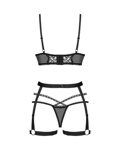 Комплект Obsessive Blomentis 3-pcs set, M/L, м’який ліф, стрінги зі стрепами, пояс із гартерами