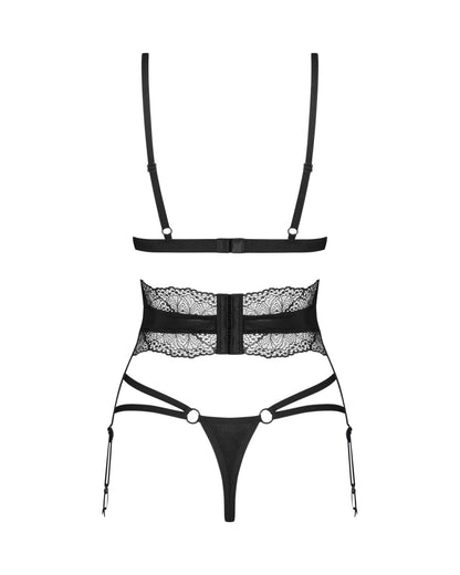 Комплект Obsessive Lobellis 3-pcs set, M/L, чорний, ліф з м’якою чашкою, стрінги, пояс для панчіх