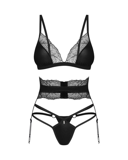 Комплект Obsessive Lobellis 3-pcs set, XS/S, чорний, ліф з м’якою чашкою, стрінги, пояс для панчіх