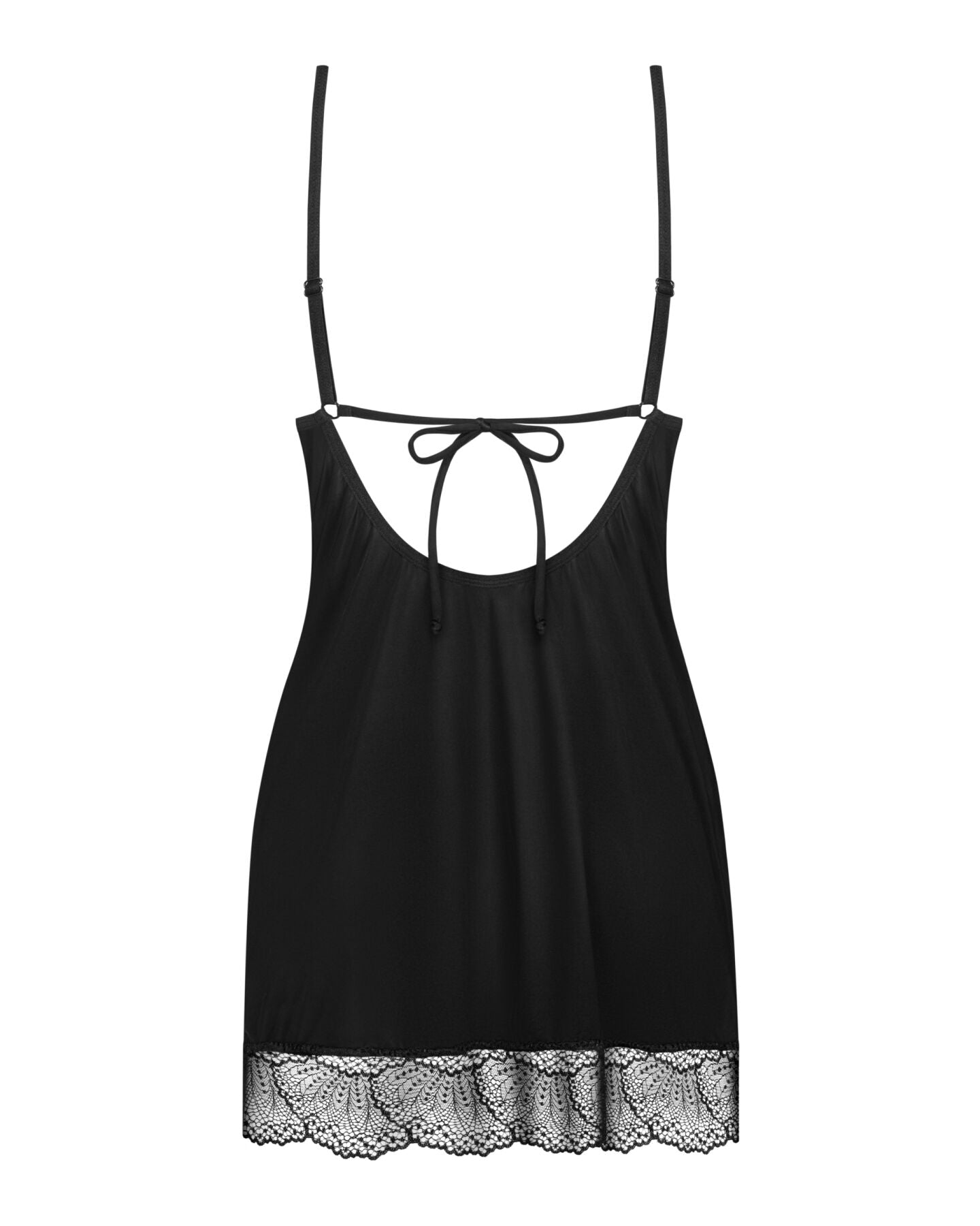 Пеньюар Obsessive Lobellis chemise & thong, M/L, чорний, мереживне оздоблення, стрінги в комплекті