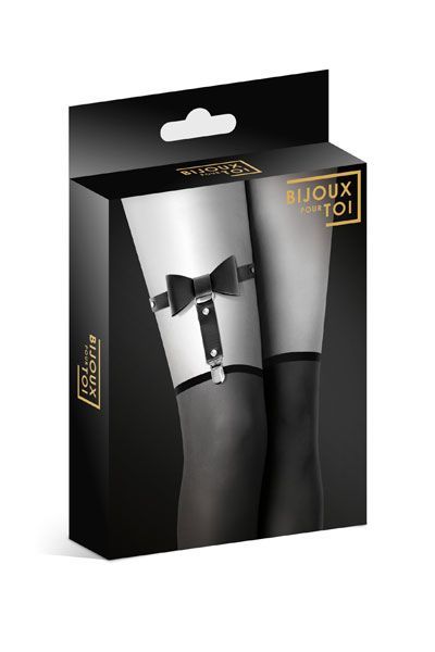 Гартер на ногу Bijoux Pour Toi - WITH BOW Black, сексуальна підв'язка з бантиком, екошкіра