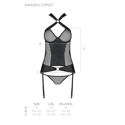 Сітчастий комплект корсет з халтером, зйомні підв'язки і трусики Passion AMANDA CORSET 2XL/3XL black