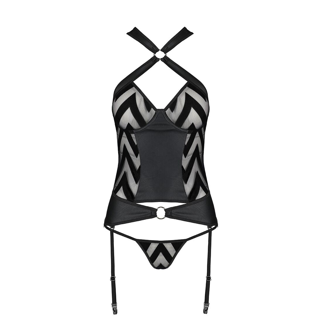 Сітчастий комплект з візерунком Passion HIMA CORSET L/XL black корсет з халтером, підв'язки, трусики