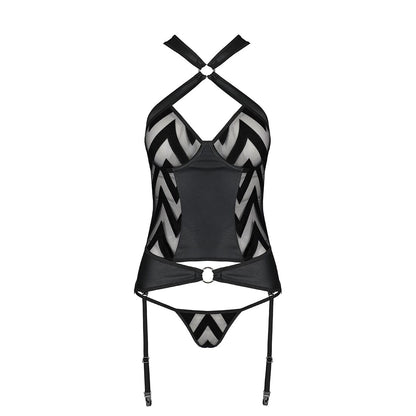 Сітчастий комплект з візерунком Passion HIMA CORSET L/XL black корсет з халтером, підв'язки, трусики