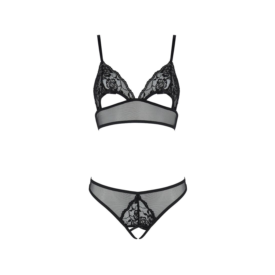 Комплект із бралету з ажурним ліфом та відкритими трусиками Passion CHRISTA SET Open Bra S/M black