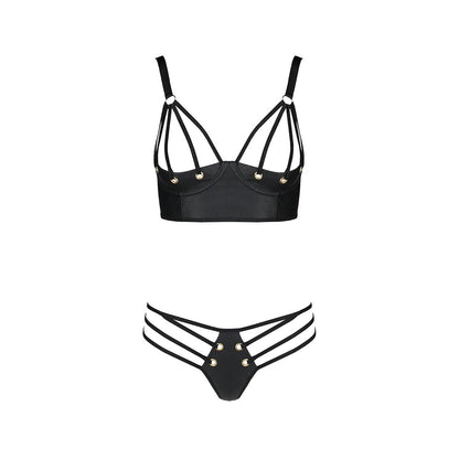 Комплект з екошкіри з люверсами та ремінцями Passion MALWIA BIKINI L/XL, black, бра та трусики