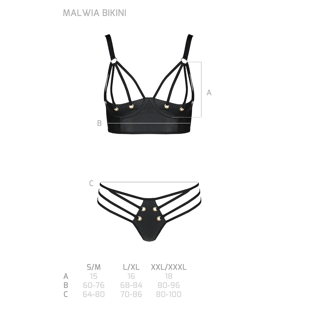 Комплект з екошкіри з люверсами та ремінцями Passion MALWIA BIKINI XXL/XXXL, black, бра та трусики