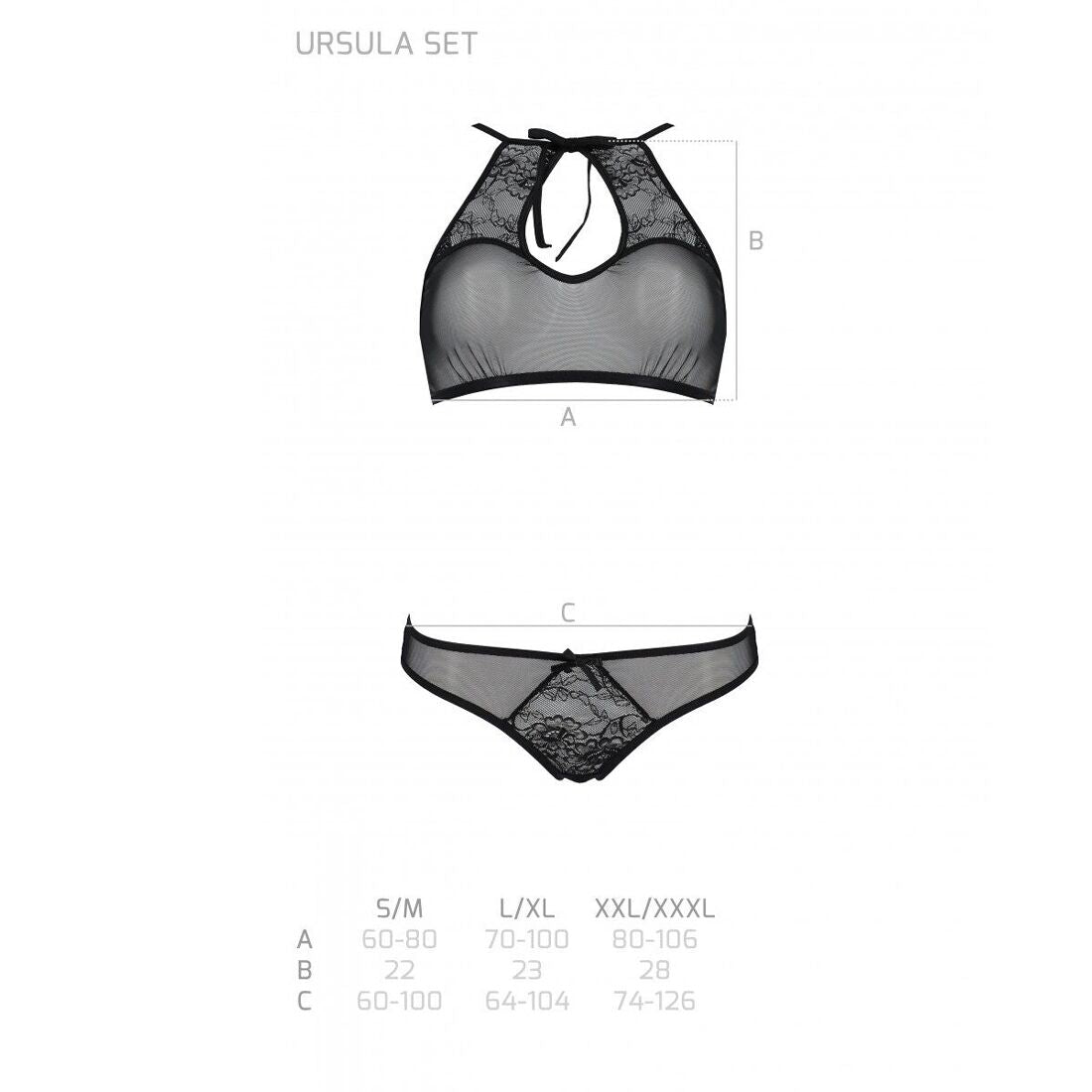 Комплект: бра, трусики з ажурним декором та відкритим кроком Passion URSULA SET L/XL, black