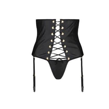 Пояс-корсет з екошкіри Passion CELINE SET XXL/XXXL, black шнурівка, знімні пажі для панчіх, стрінги