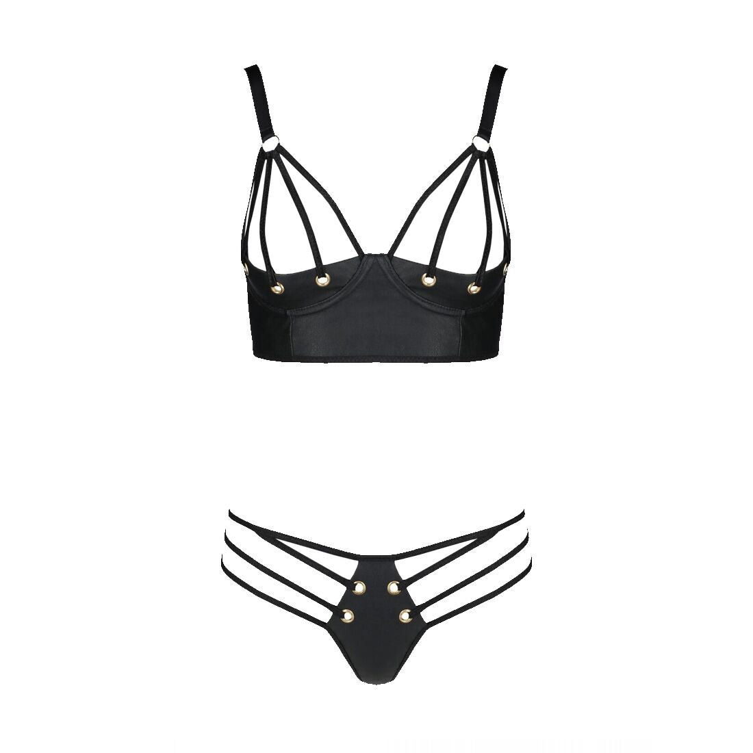 Комплект з екошкіри Passion MALWIA BIKINI 4XL/5XL black, з люверсами та ремінцями, бра, трусики