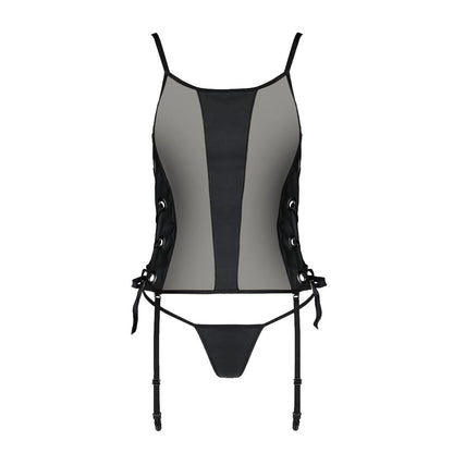 Сітчастий корсет з екошкіри Passion MALWIA CORSET 6XL/7XL black, з люверсами та знімними пажами