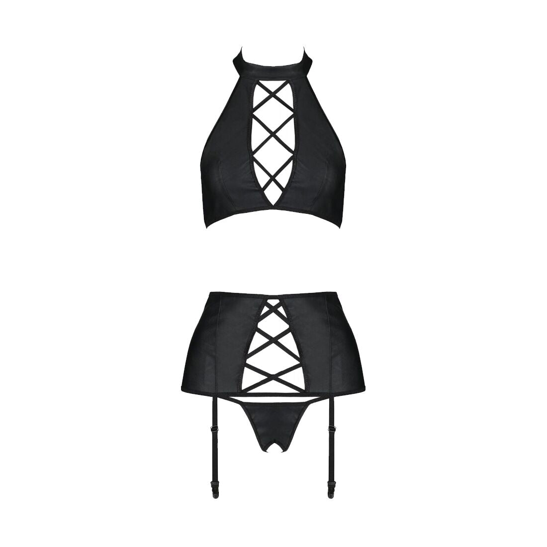 Комплект з екошкіри Passion NANCY SET 4XL/5XL black, імітація шнурівки, топ, пояс для панчіх
