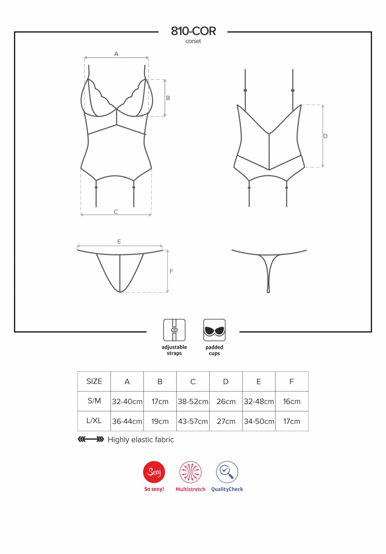 Сатиновий мереживний корсет Obsessive 810-COR-1 babydoll & thong S/M, чорний, корсет, танга
