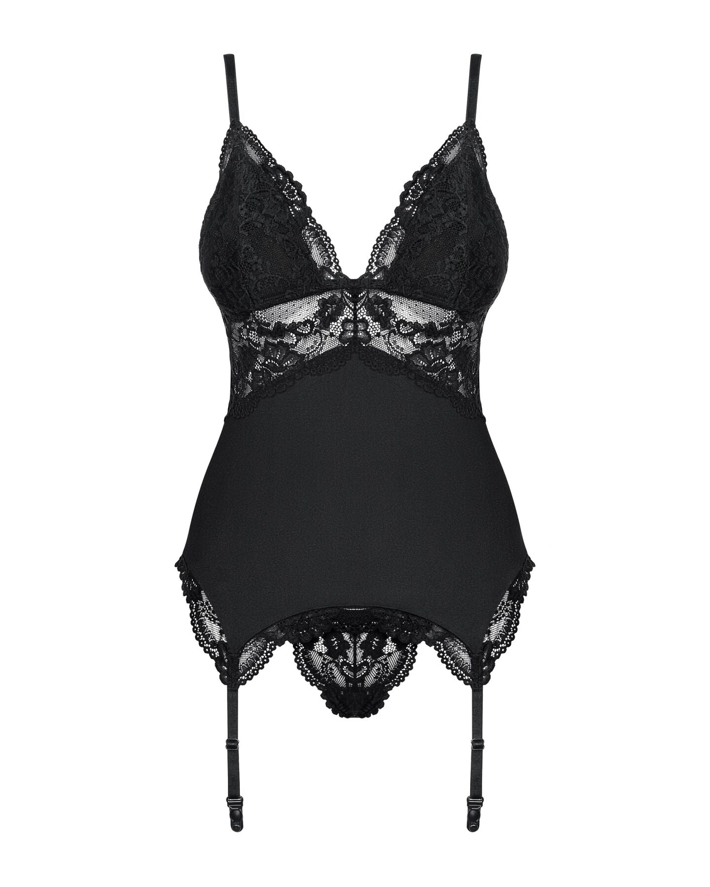 Сатиновий мереживний корсет Obsessive 810-COR-1 babydoll & thong S/M, чорний, корсет, танга