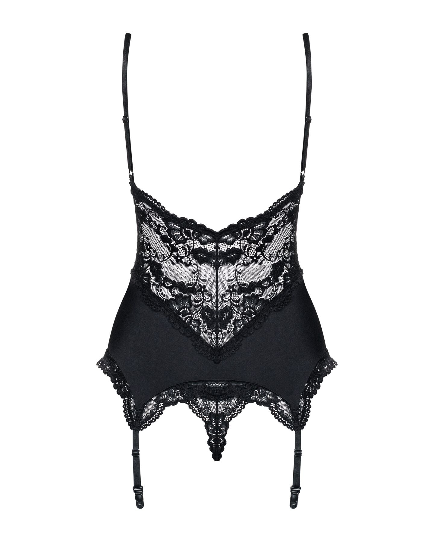 Сатиновий мереживний корсет Obsessive 810-COR-1 babydoll & thong L/XL, чорний, корсет, танга
