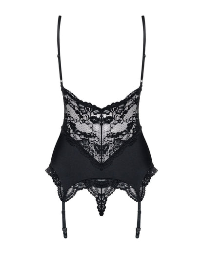 Сатиновий мереживний корсет Obsessive 810-COR-1 babydoll & thong L/XL, чорний, корсет, танга