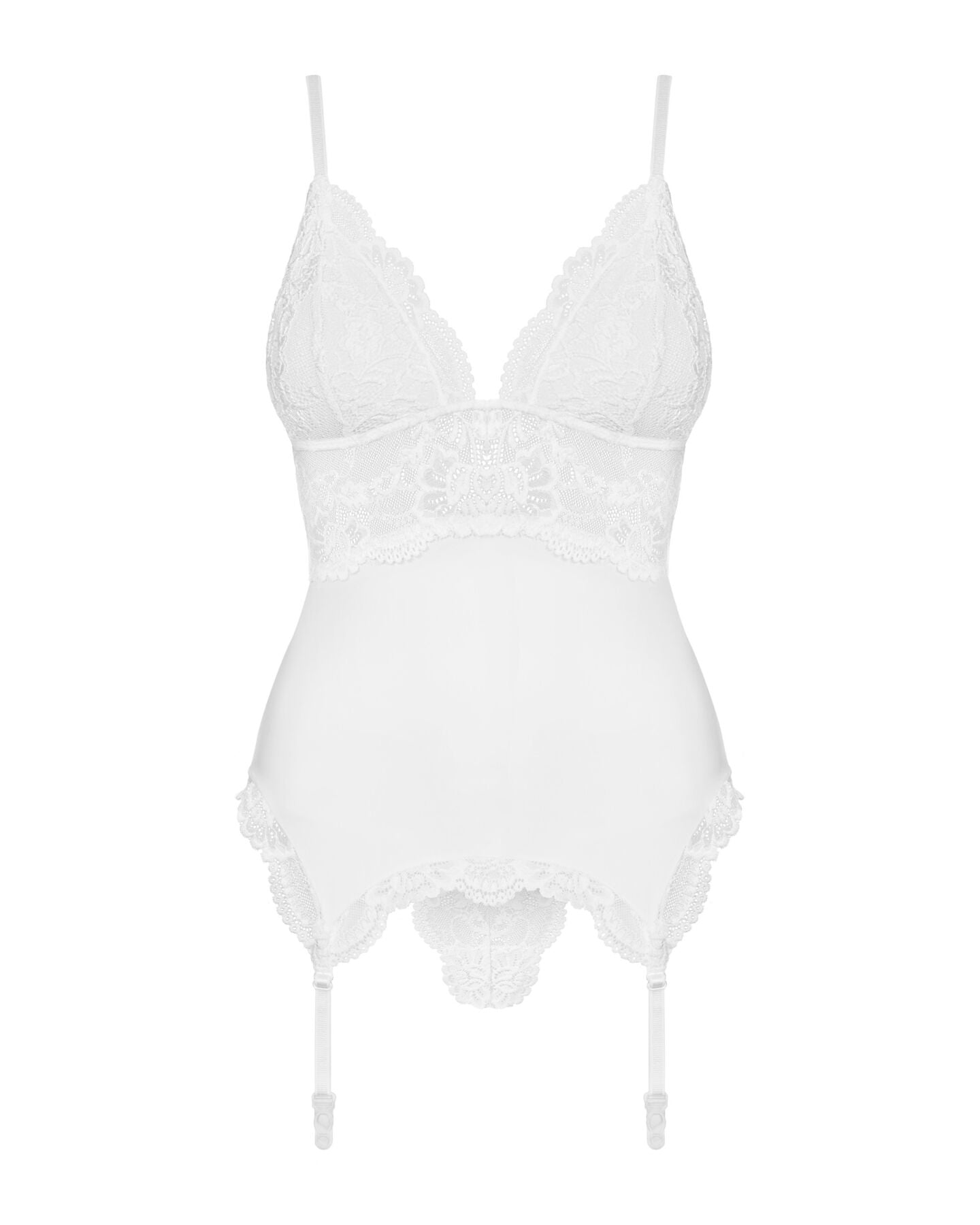 Сатиновий мереживний корсет Obsessive 810-COR-2 babydoll & thong L/XL, білий, корсет, танга