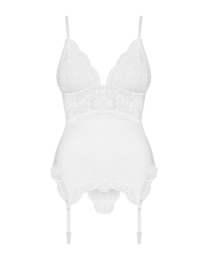 Сатиновий мереживний корсет Obsessive 810-COR-2 babydoll & thong L/XL, білий, корсет, танга