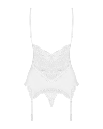 Сатиновий мереживний корсет Obsessive 810-COR-2 babydoll & thong L/XL, білий, корсет, танга