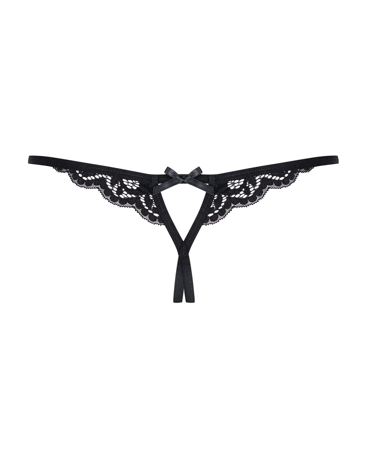Мереживні танги з двома отворами Obsessive 831-THC-1 crotchless thong S/M, чорні, бантики