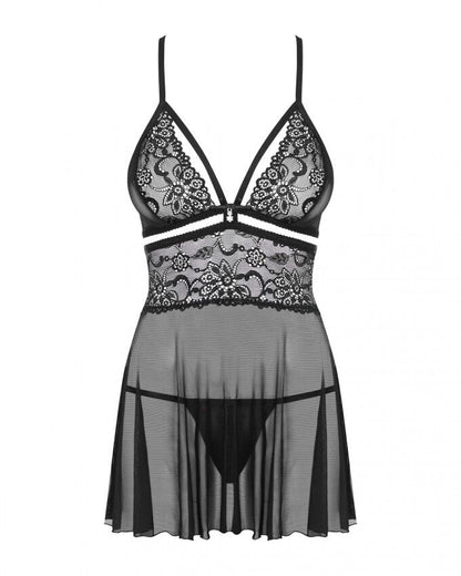 (SALE) Еротичний мереживний комплект із сіточкою Obsessive 838-BAB-1babydoll & thong black S/M, чорний, пен