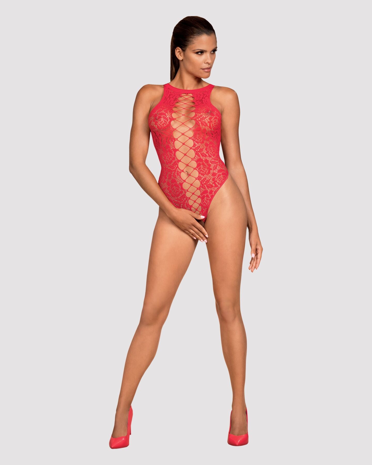 Ажурний бодістокінг із ефектом шнурівки Obsessive B120 teddy red S/M/L, червоний