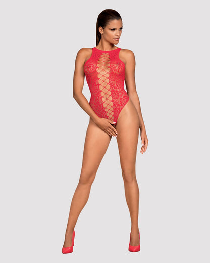 Ажурний бодістокінг із ефектом шнурівки Obsessive B120 teddy red S/M/L, червоний