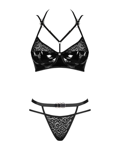 Еротичний комплект під латекс зі стрепами Obsessive Bagirela 2-pcs set L/XL, чорний, під леопард, бю