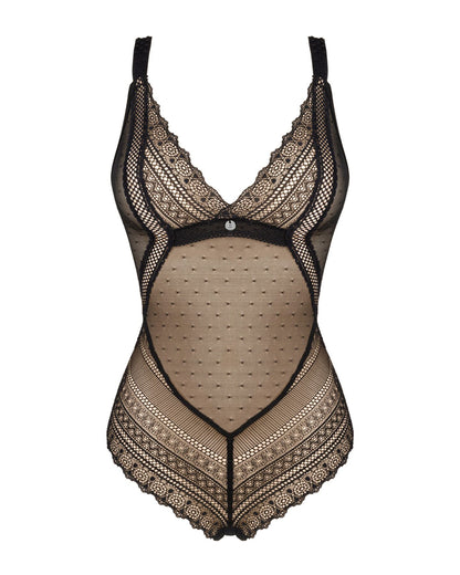 Мереживне боді з декольте Obsessive Estiqua teddy M/L, чорне, широкі лямки