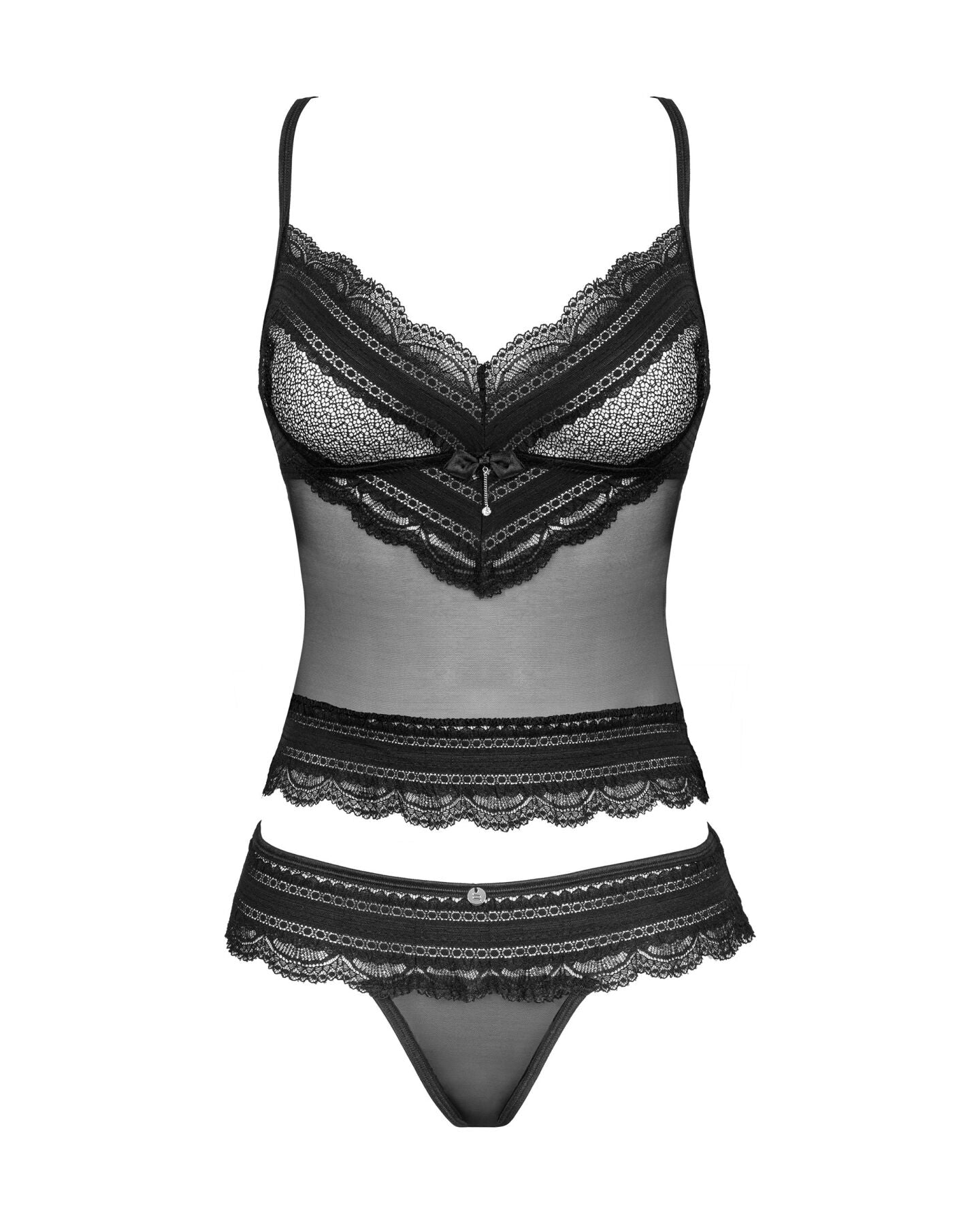 Напівпрозорий набір з прикрасами Obsessive Ivannes top & thong L/XL, чорний, топ та танга