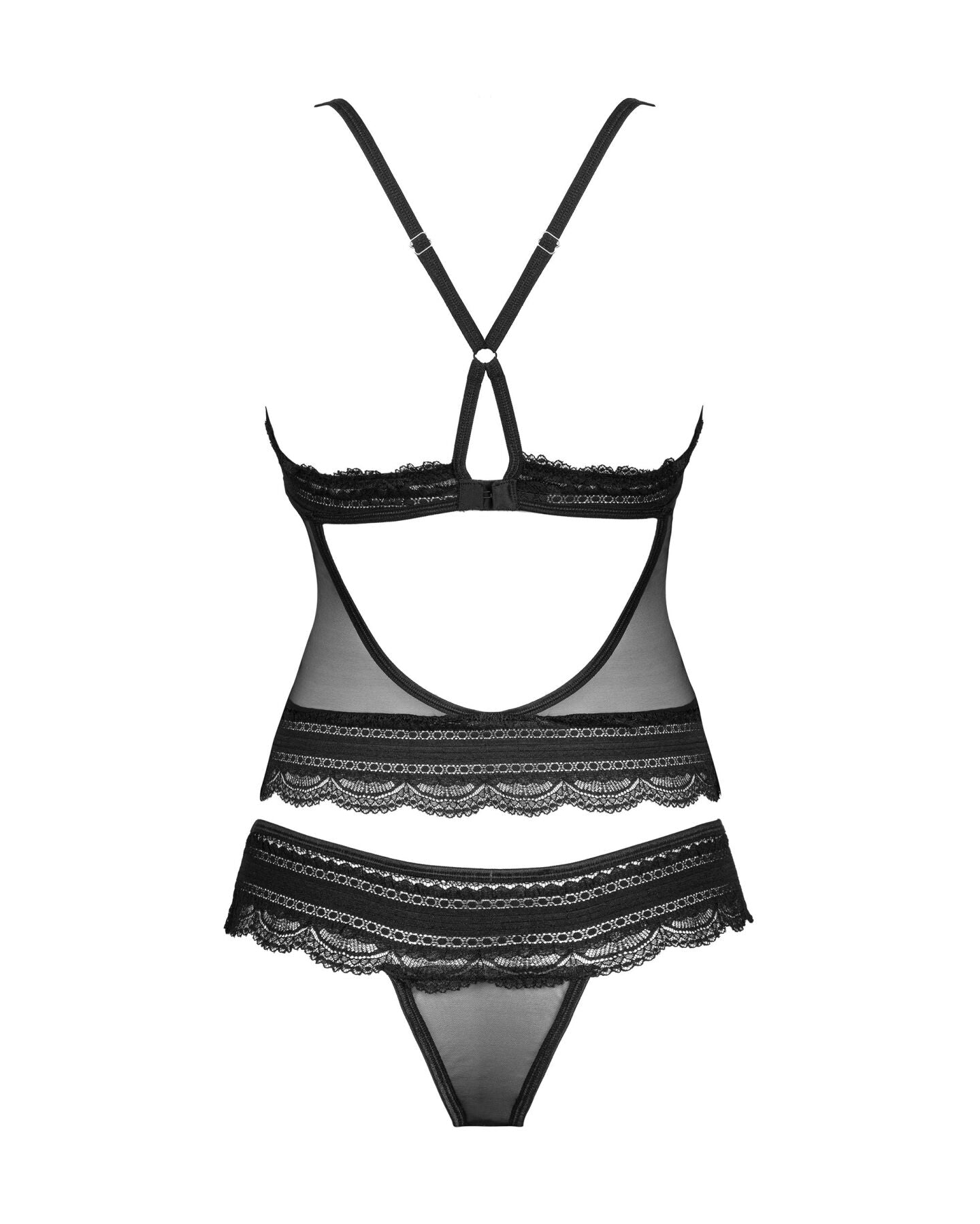 Напівпрозорий набір з прикрасами Obsessive Ivannes top & thong 2XL/3XL, чорний, топ та танга