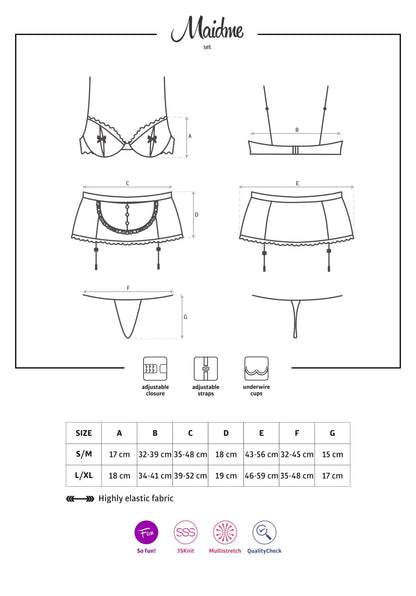Еротичний костюм покоївки Obsessive Maidme set 5pcs S/M, бюстгальтер, пояс з фартухом, панчохи