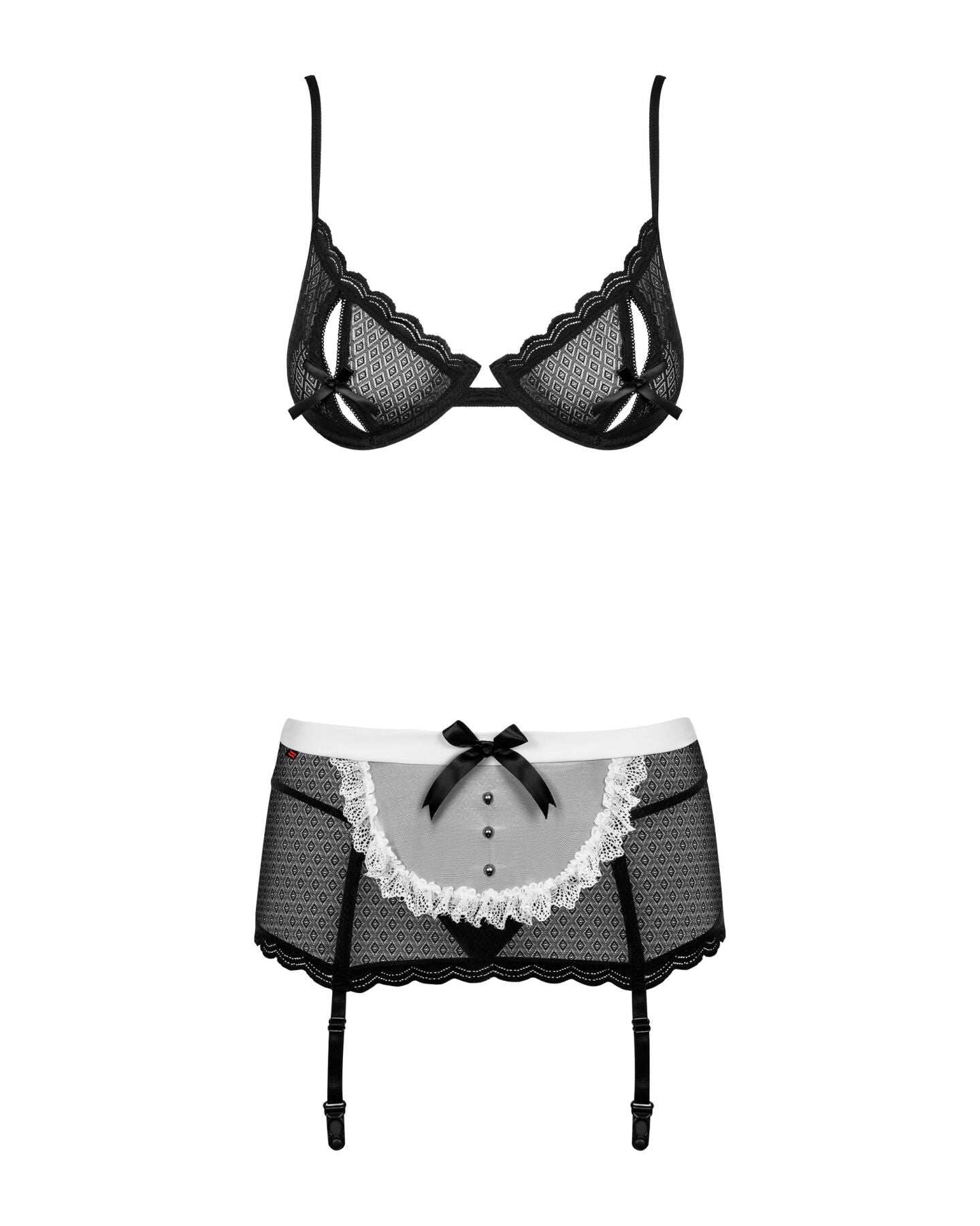 Еротичний костюм покоївки Obsessive Maidme set 5pcs S/M, бюстгальтер, пояс з фартухом, панчохи