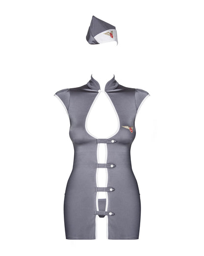 Еротичний костюм стюардеси Obsessive Stewardess 3 pcs grey S/M, сірий, сукня, стрінги, пілотка