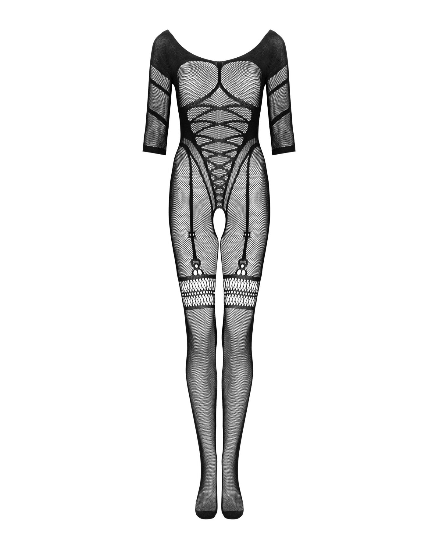 Сітчастий бодістокінг з імітацією підв’язок Obsessive Bodystocking G329 S/M/L, black, з доступом