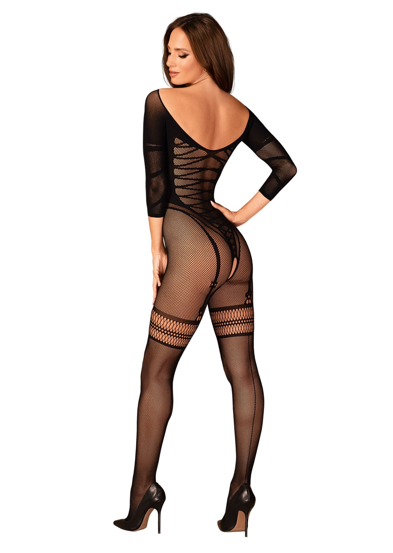 Сітчастий бодістокінг з імітацією підв’язок Obsessive Bodystocking G329 XL/XXL, black, з доступом