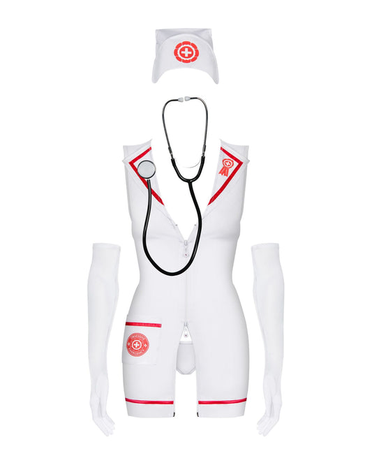 Еротичний костюм медсестри Obsessive Emergency dress S/M, white, сукня, стринги, рукавички, чепчик, стетоскоп