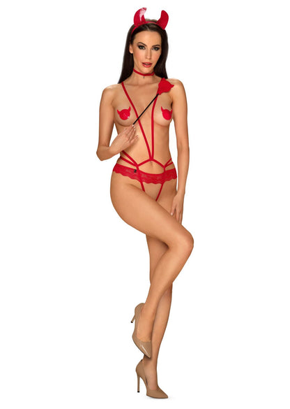 Еротичний костюм чортика зі стреп Obsessive Evilia teddy red S/M, боді, чокер, накладки на соски, обруч з ріжками