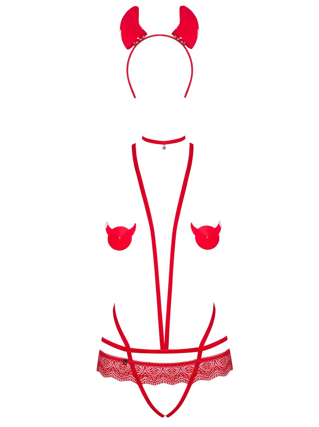 Еротичний костюм чортика зі стреп Obsessive Evilia teddy red S/M, боді, чокер, накладки на соски, обруч з ріжками