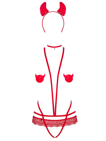 Еротичний костюм чортика зі стреп Obsessive Evilia teddy red S/M, боді, чокер, накладки на соски, обруч з ріжками