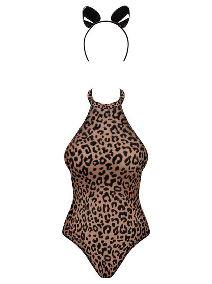 Еротичний костюм леопарда Obsessive Leocatia teddy S/M, боді, обруч з вушками