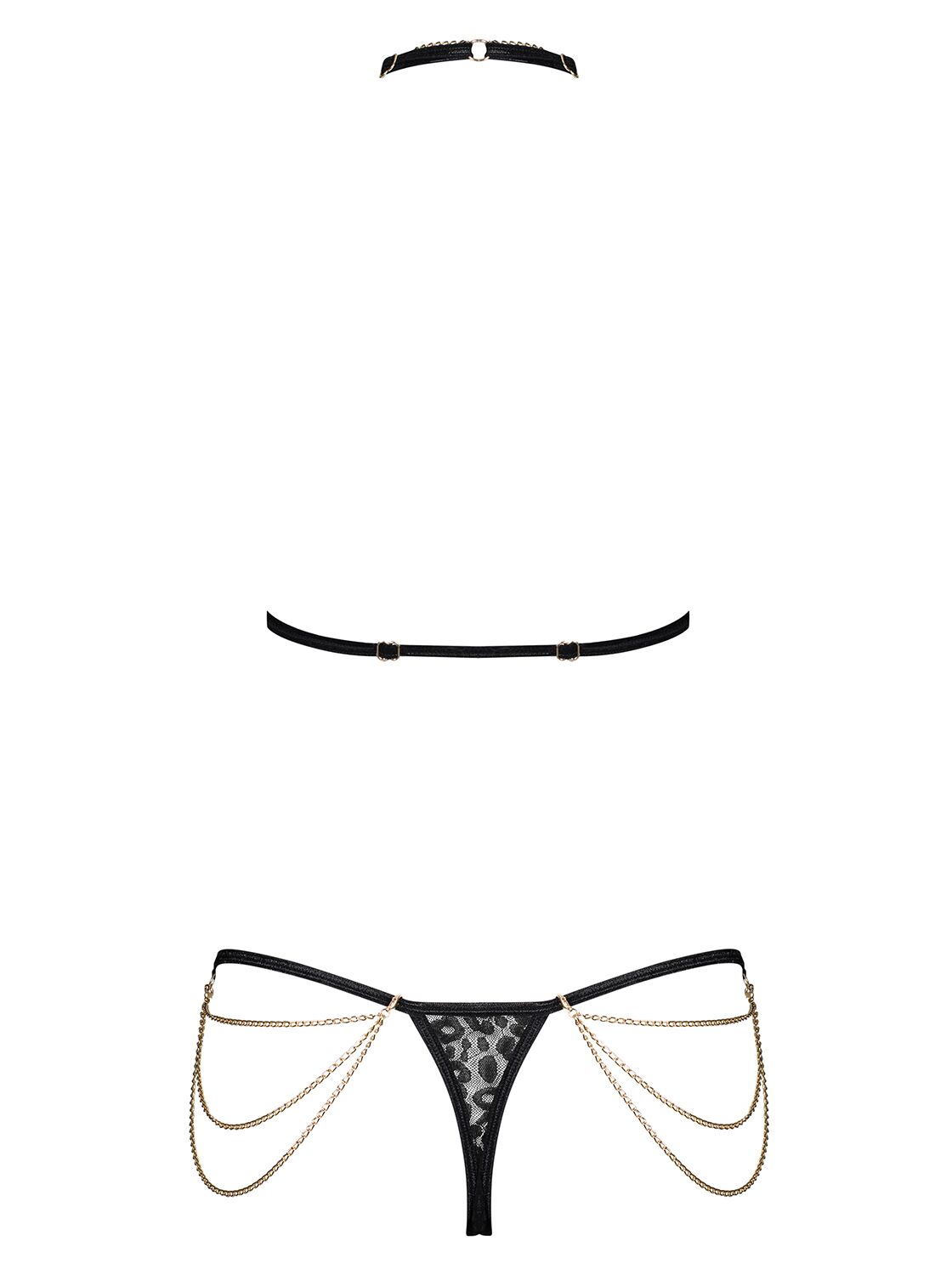 Комплект із ланцюжками Obsessive Pantheria 2-pcs set black L/XL, бюстгальтер, трусики