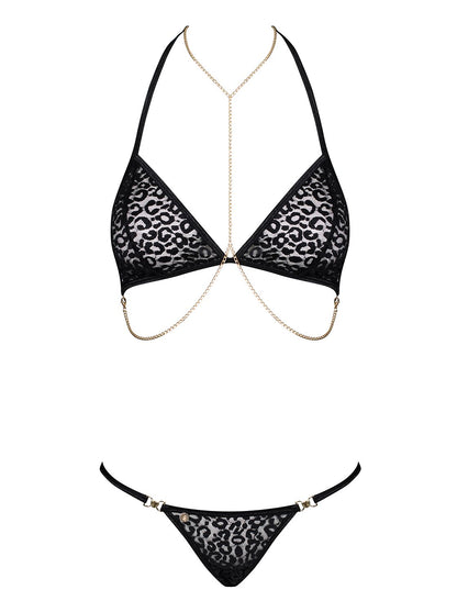Комплект із ланцюжками Obsessive Pantheria 2-pcs set black L/XL, бюстгальтер, трусики