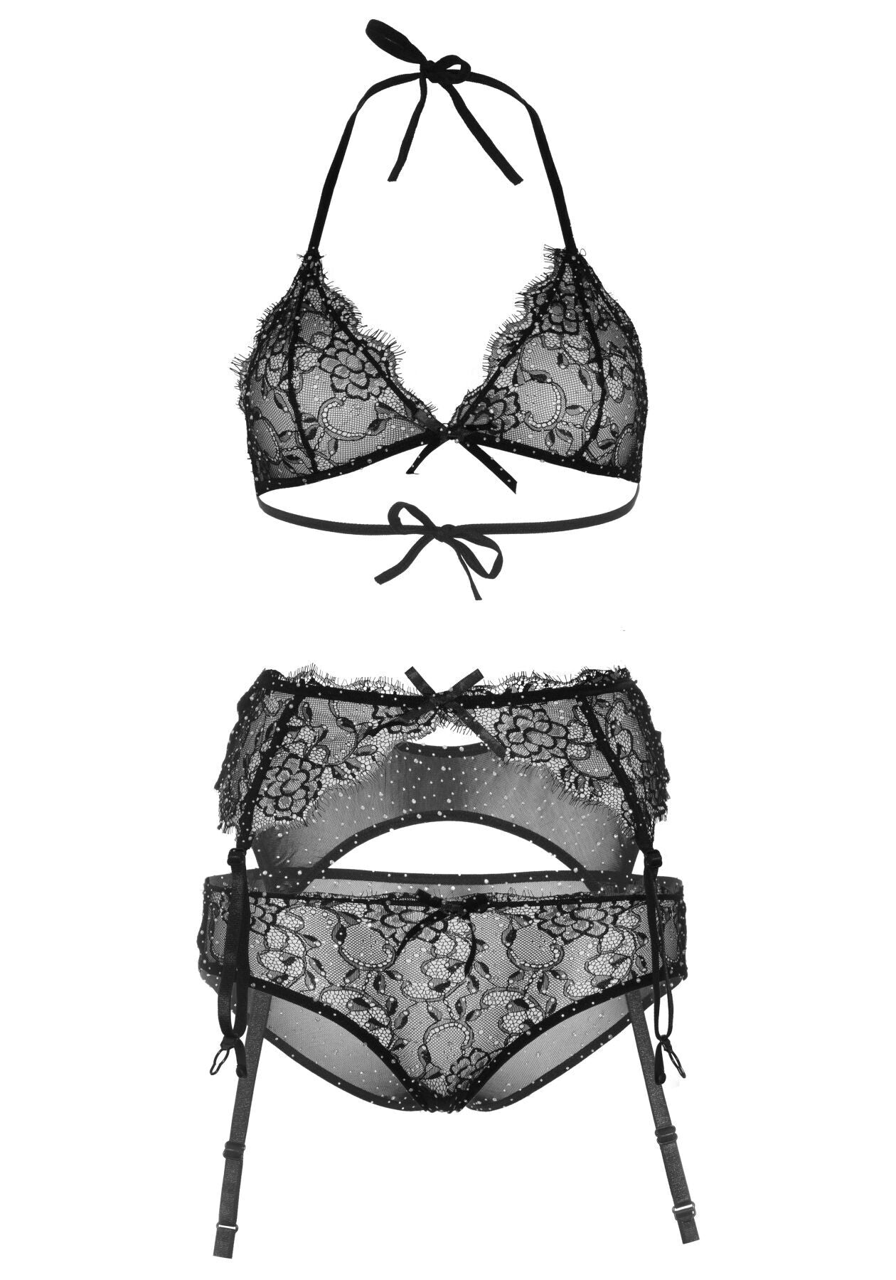 Мереживний комплект зі стразами Leg Avenue Bright Lights Rhinestone L (трусики, бра, пояс для панчіх