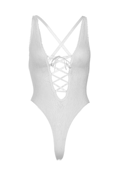 Мереживне боді Leg Avenue Floral lace thong teddy White, шнурівка на грудях, one size