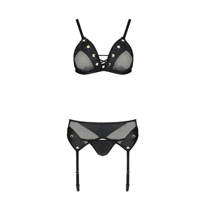 Комплект білизни Passion NESSY SET L/XL black, бюстгальтер, пояс для панчіх, стрінги