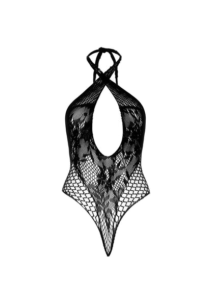 Мереживне тедді Leg Avenue Lace and net halter teddy One size Black, глибокий виріз, халтер