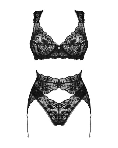 Комплект білизни Obsessive Donna Dream 3-pcs set M/L Black, бюстгальтер, стрінги, пояс для панчіх