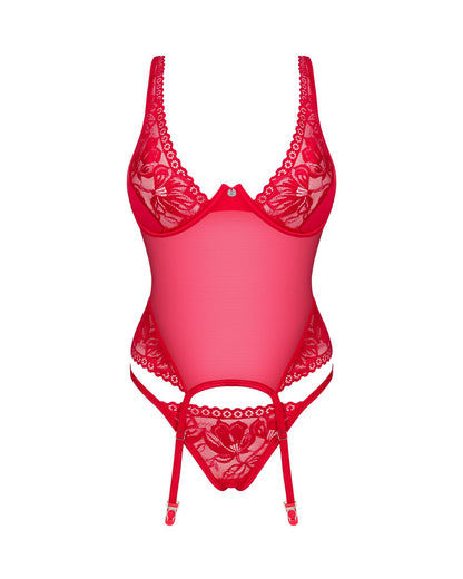Прозорий корсет Obsessive Lacelove corset M/L Red, мереживо, підв’язки для панчіх